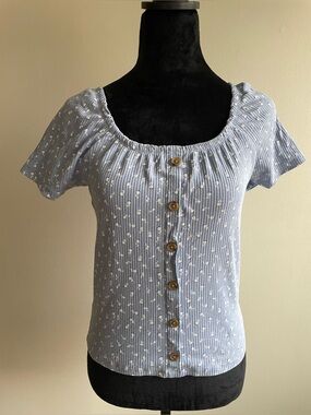 COLIN’S Blue Floral Ribbed Cotton Top Size L Stretch Cottagecore Coquette